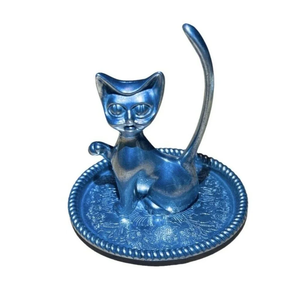 VTG Silver Plated Cat Kitty Ring Jewelry Holder Etched Tray 3.5